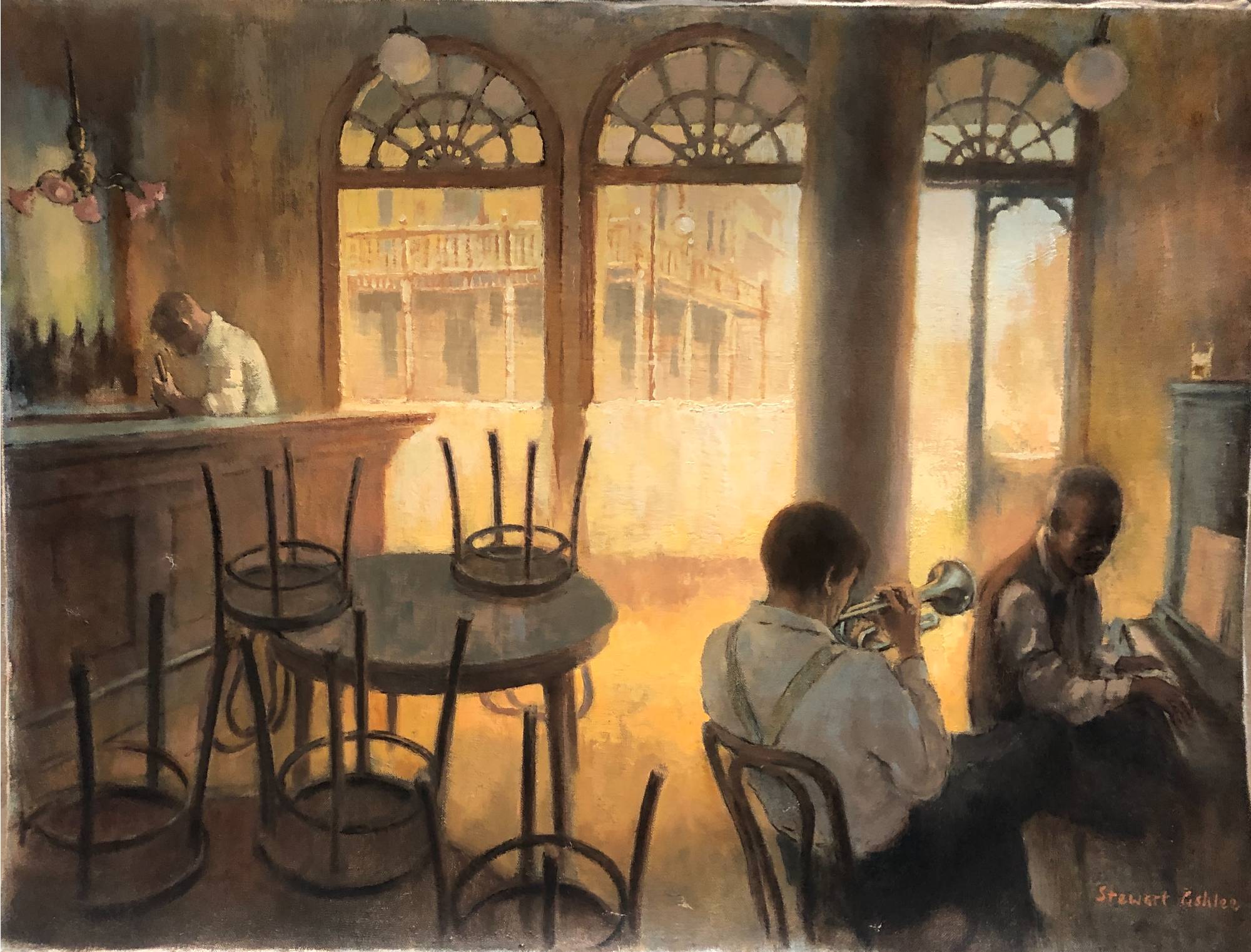 nearly abandoned bar with piano and trumpet players seated on the right